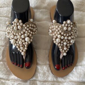 Pearl Embellished Tan Sandals